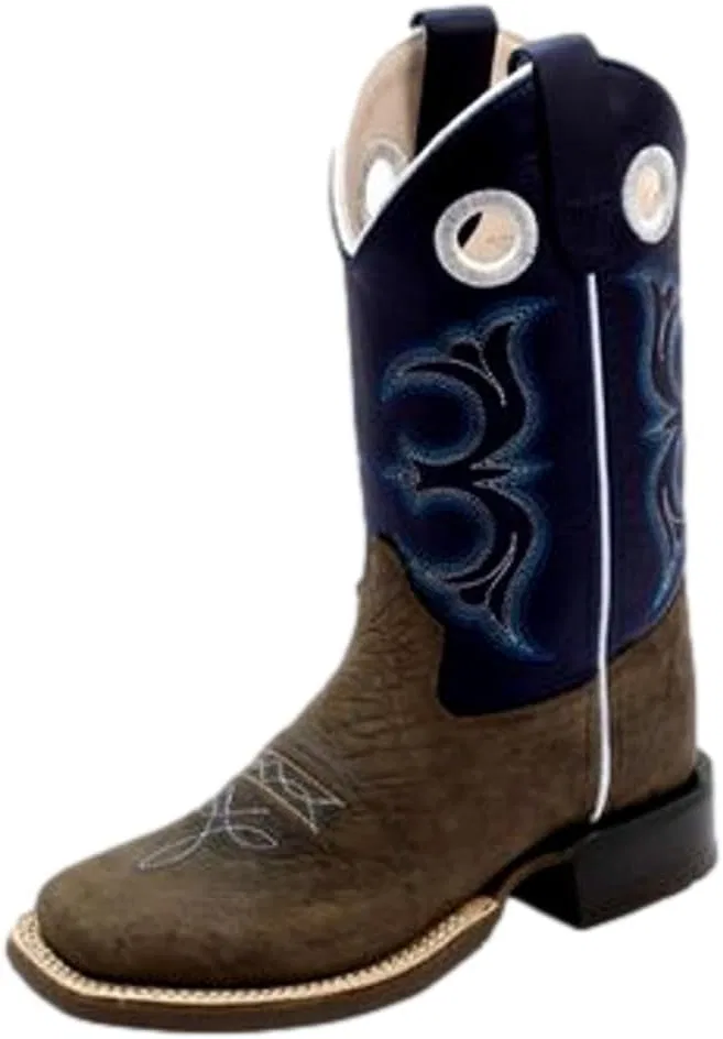 Детские ботинки с широким квадратным носком Old West, Dark Brown Bull Hide Print Foot/Midnight Blue Shaft