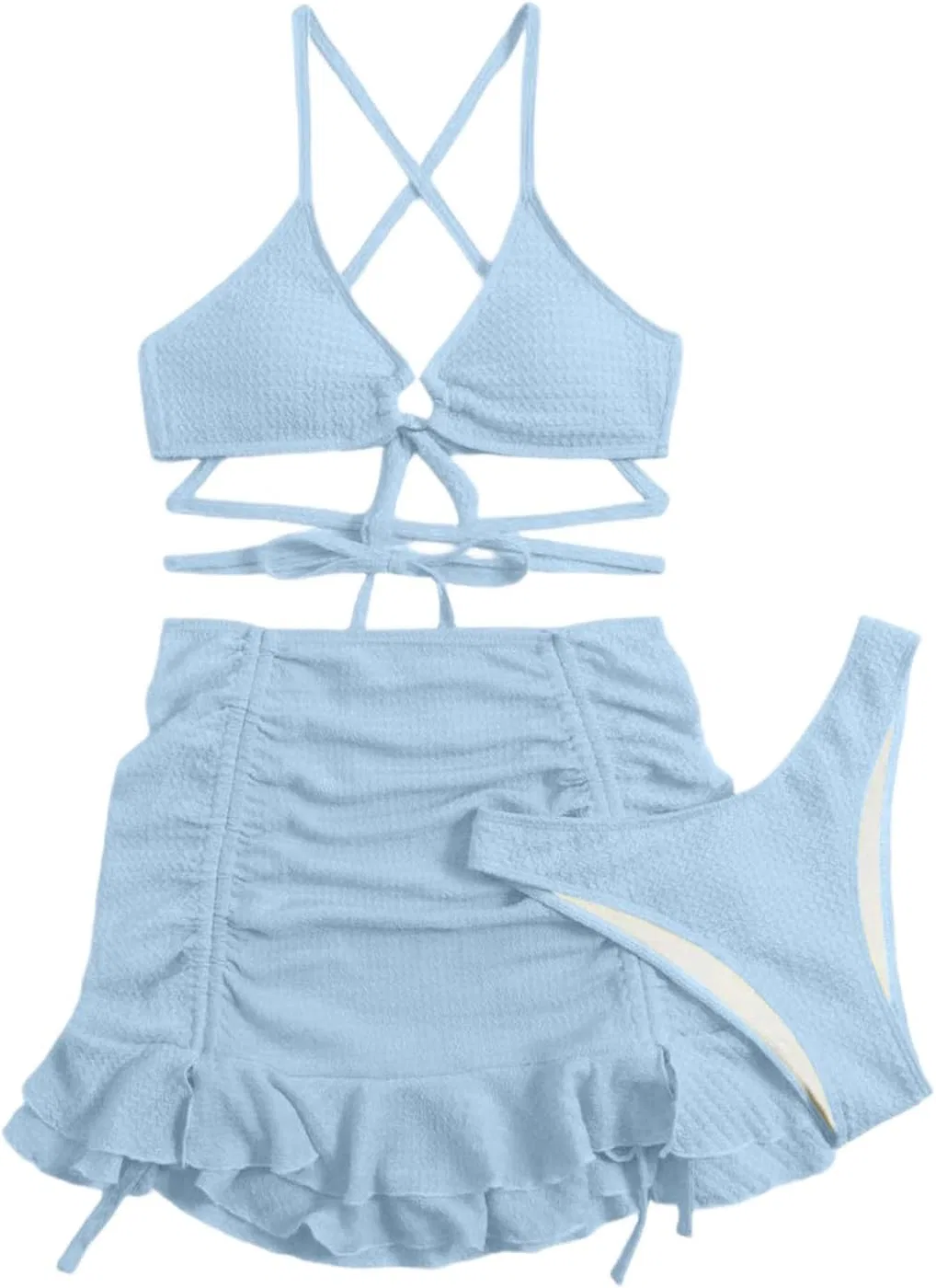 Женский бикини-комплект из трех предметов с рюшами, Light Blue — фото 4
