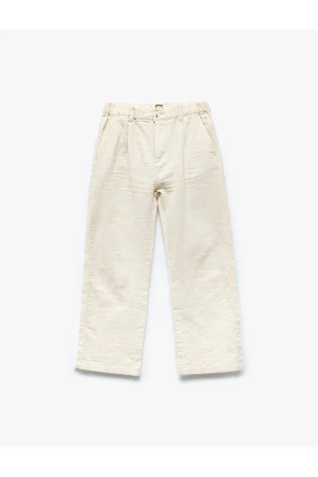Детские брюки для девочек прямого кроя из льняной смеси Buttoned linen blended cotton basic trousers with elastic waist Koton, Ecru — фото 3