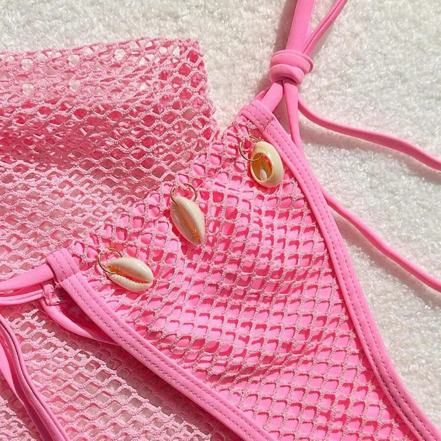 Женский купальник бикини с юбкой и сеткой Fishnet, Pink — фото 3