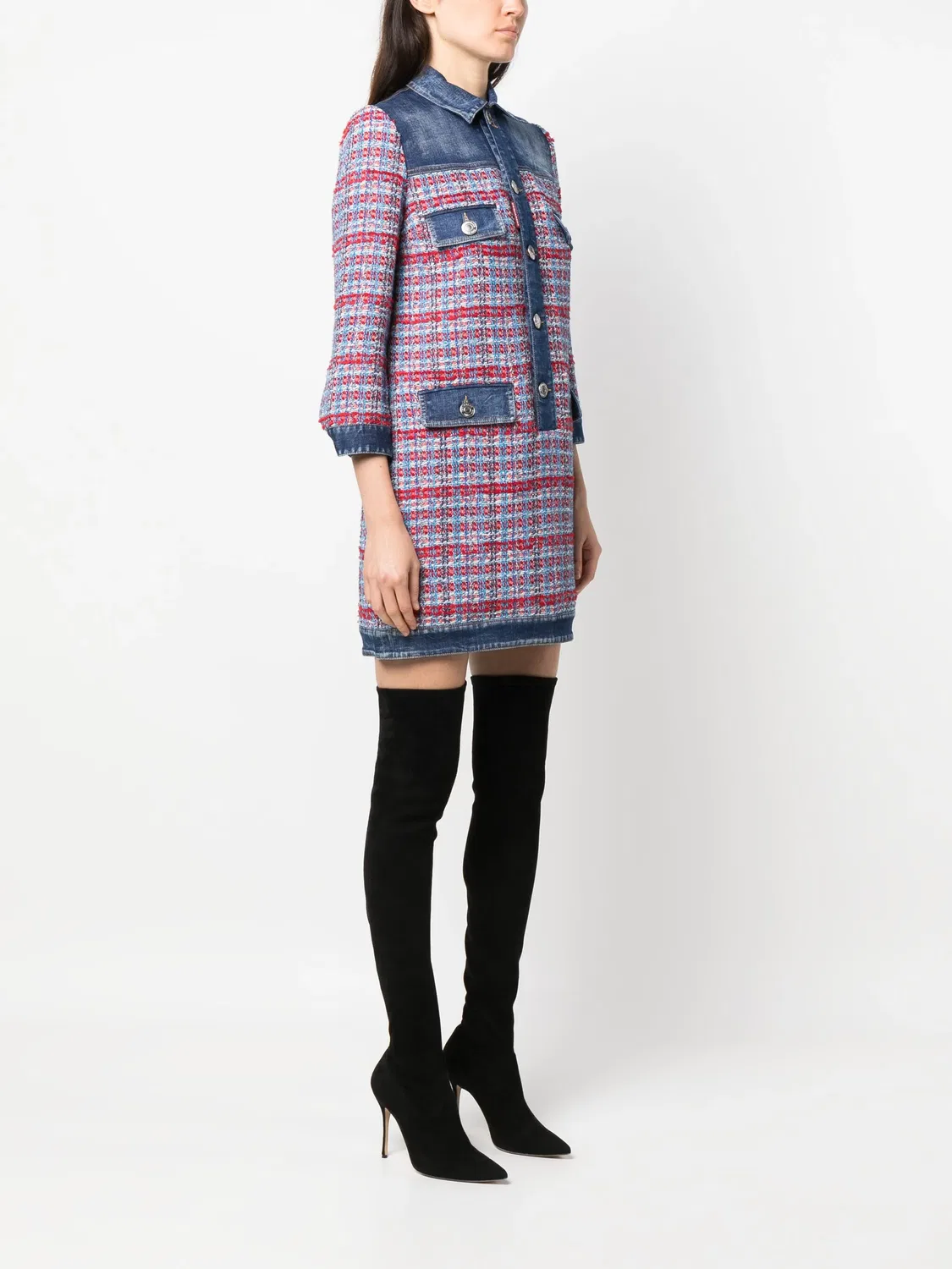 Панельное платье мини из твида и денима DSQUARED2, синий — фото 4