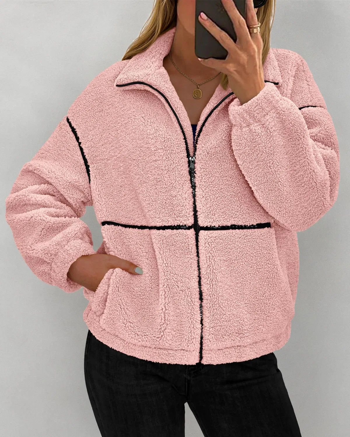 Женское пальто из флиса с принтом Sherpa Oversize Zip Up, Rosa — фото 3