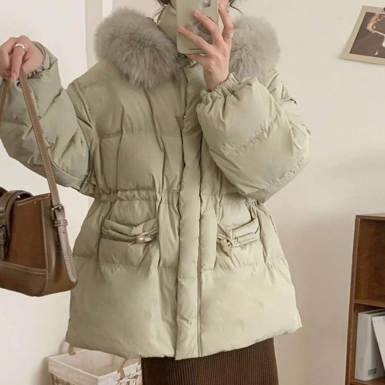 Женская зимняя куртка с принтом, с отстегивающимся капюшоном, Grey/Green — фото 4