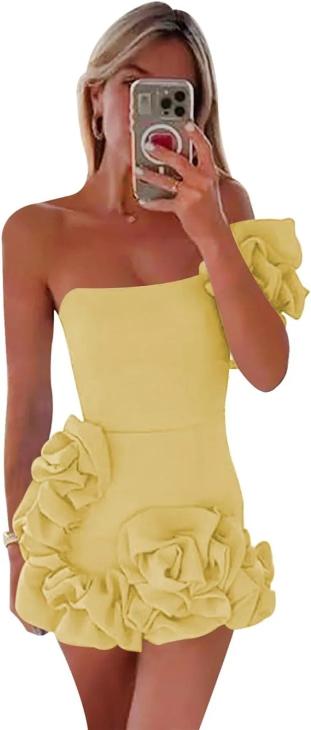 Короткое платье с одним плечом из сатина Bodycon, Yellow