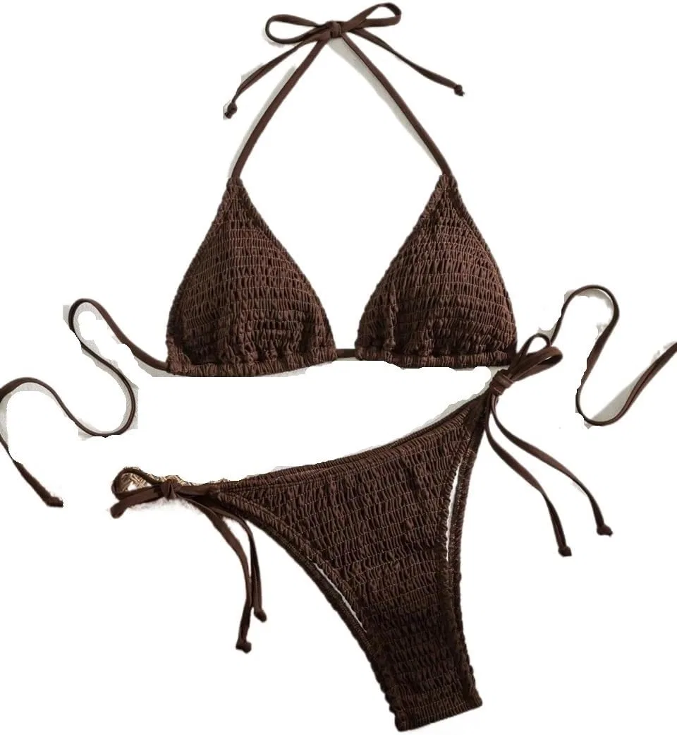 Женский бикини-сет с высокой талией, Backless Tie Back Halter, Coffee Brown