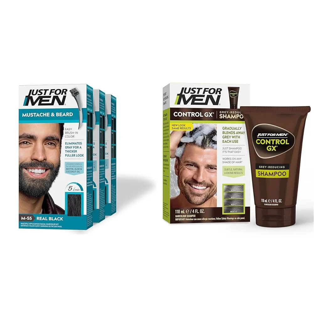 Краска для усов и бороды Just For Men с кисточкой в комплекте, шампунь Control GX для уменьшения седины, постепенное окрашивание волос для более сильных и здоровых волос. 1 шт. (3 шт.), Real Black M-55