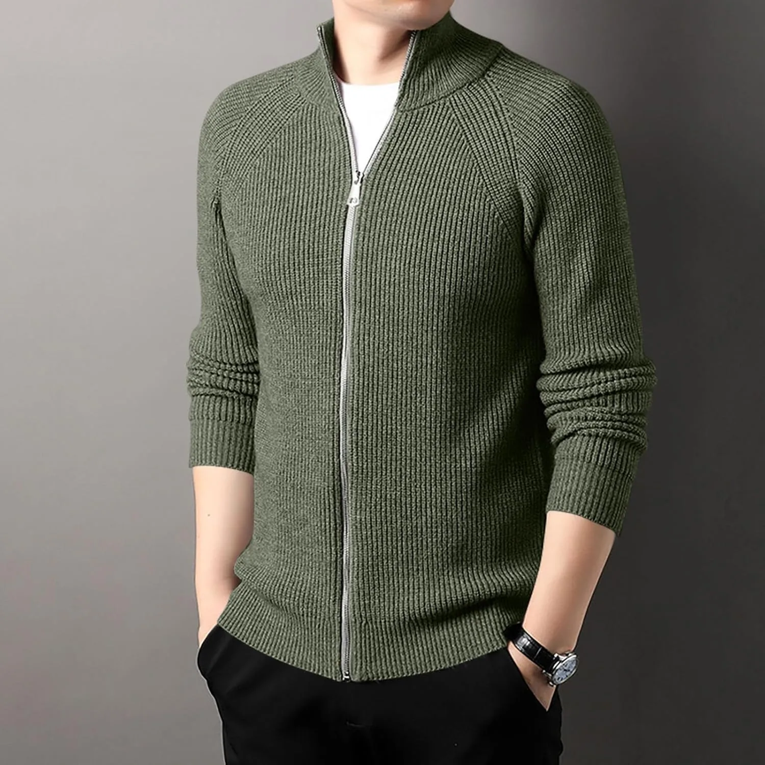 Мужской кардиган с воротником стойкой на молнии, slim fit, для осени и зимы — фото 3