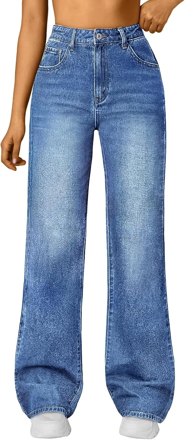 

Trendy Queen женские джинсы с высокой талией, прямые широкие