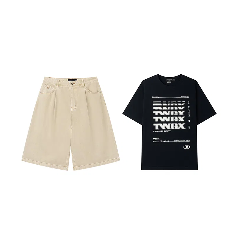 Детский комплект из футболки и шорт с принтом Teenie Weenie Men, Black T-Shirt+White Denim Shorts