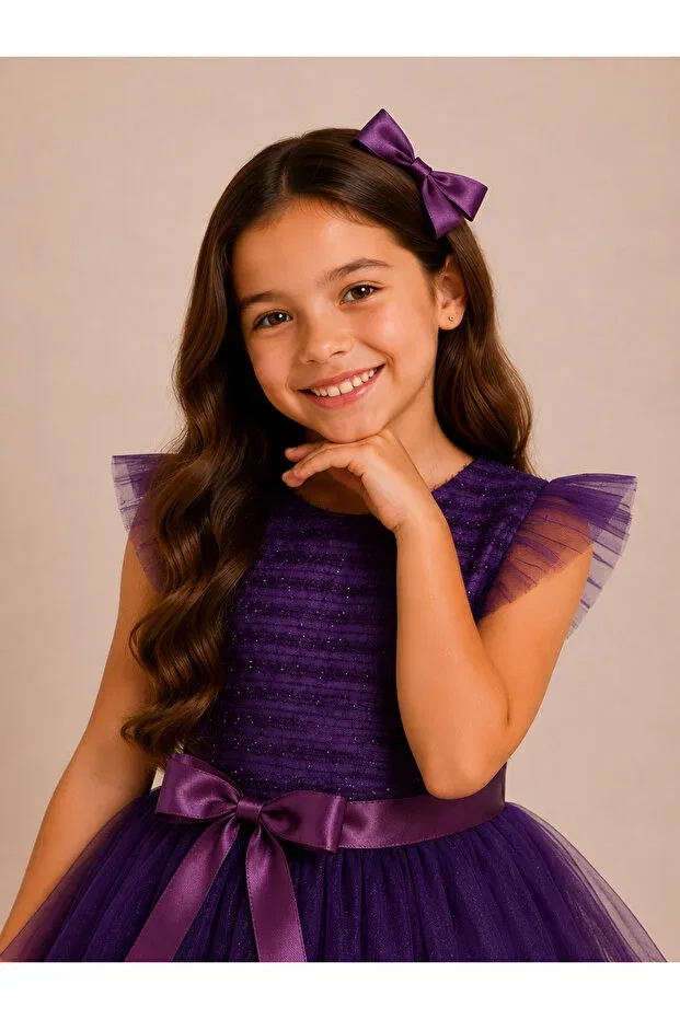 Детское платье для девочек с принтом Tutu Dress With Bow Detail Tinytrends, Purple — фото 4