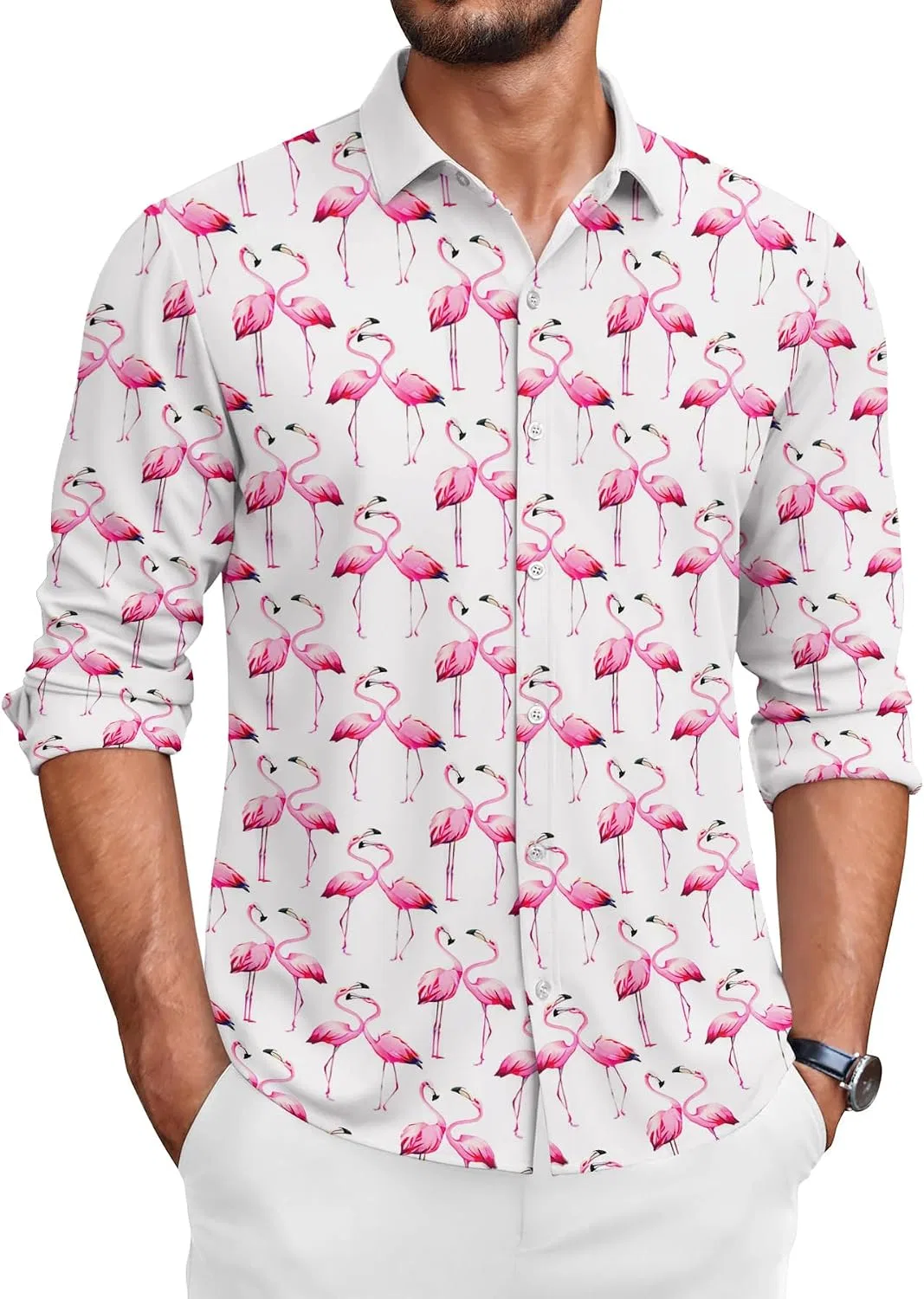 Мужская гавайская рубашка с длинным рукавом, модель Flamingo, белый — фото 2