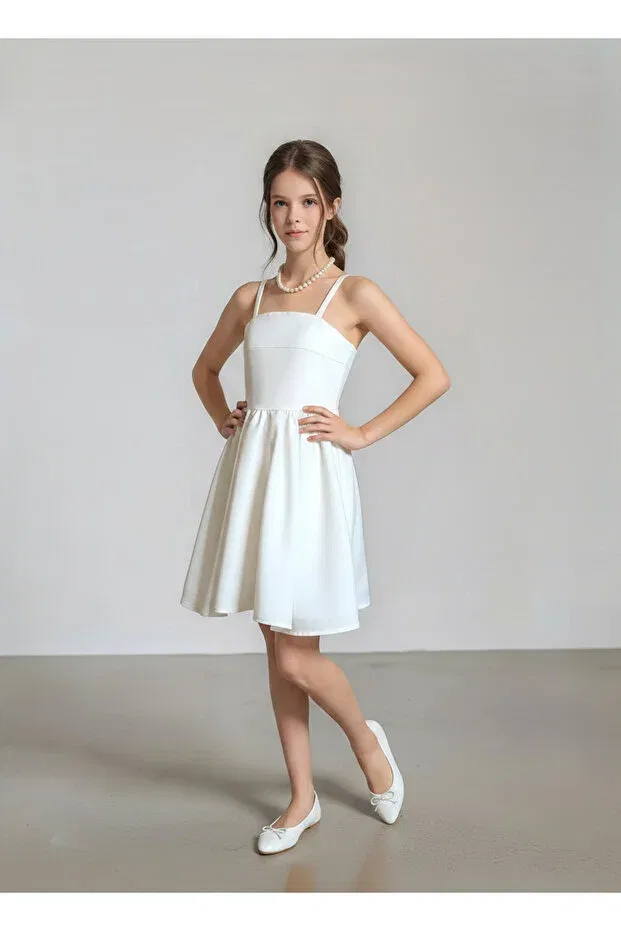 Детское платье для девочек без рукавов Premium crepe fabric girls' strap dress Thejojodesign, White — фото 4