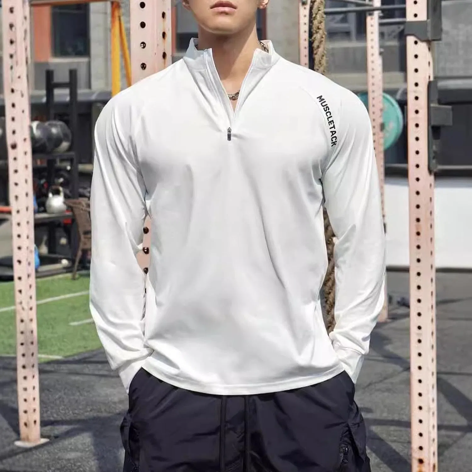 Мужская быстросохнущая футболка с длинным рукавом, Quarter Zip, White — фото 3