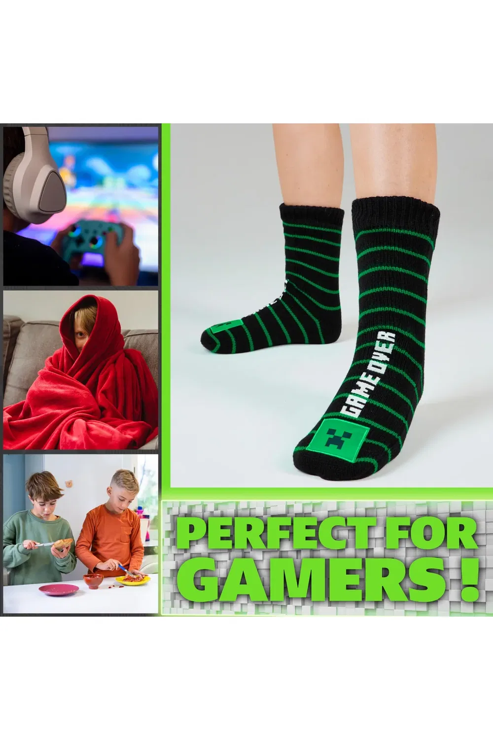 Детские тапочки-носки с нескользящей подошвой из флиса Creeper Minecraft, Black — фото 2
