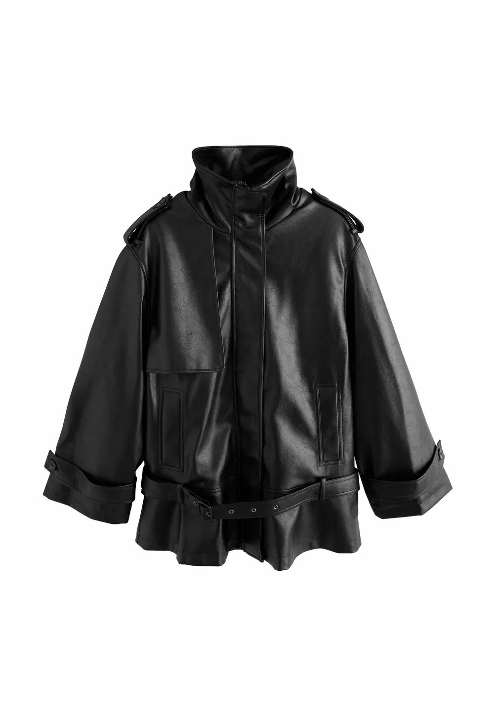 Куртка-Пиджак из искусственной кожи с поясом - короткое пальто Next, Black