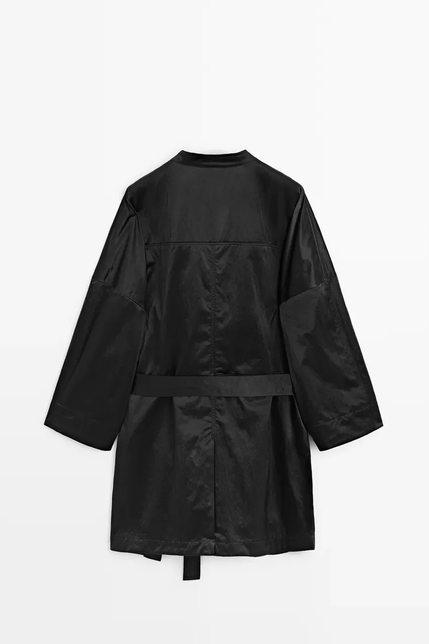 Tренч Massimo Dutti Flowing Kimono With Tie Detail, черный — фото 3