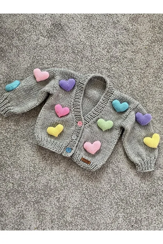 Детский кардиган с принтом Heart Detailed Hand Knitted Girl's Cardigan Nevalin, Gray