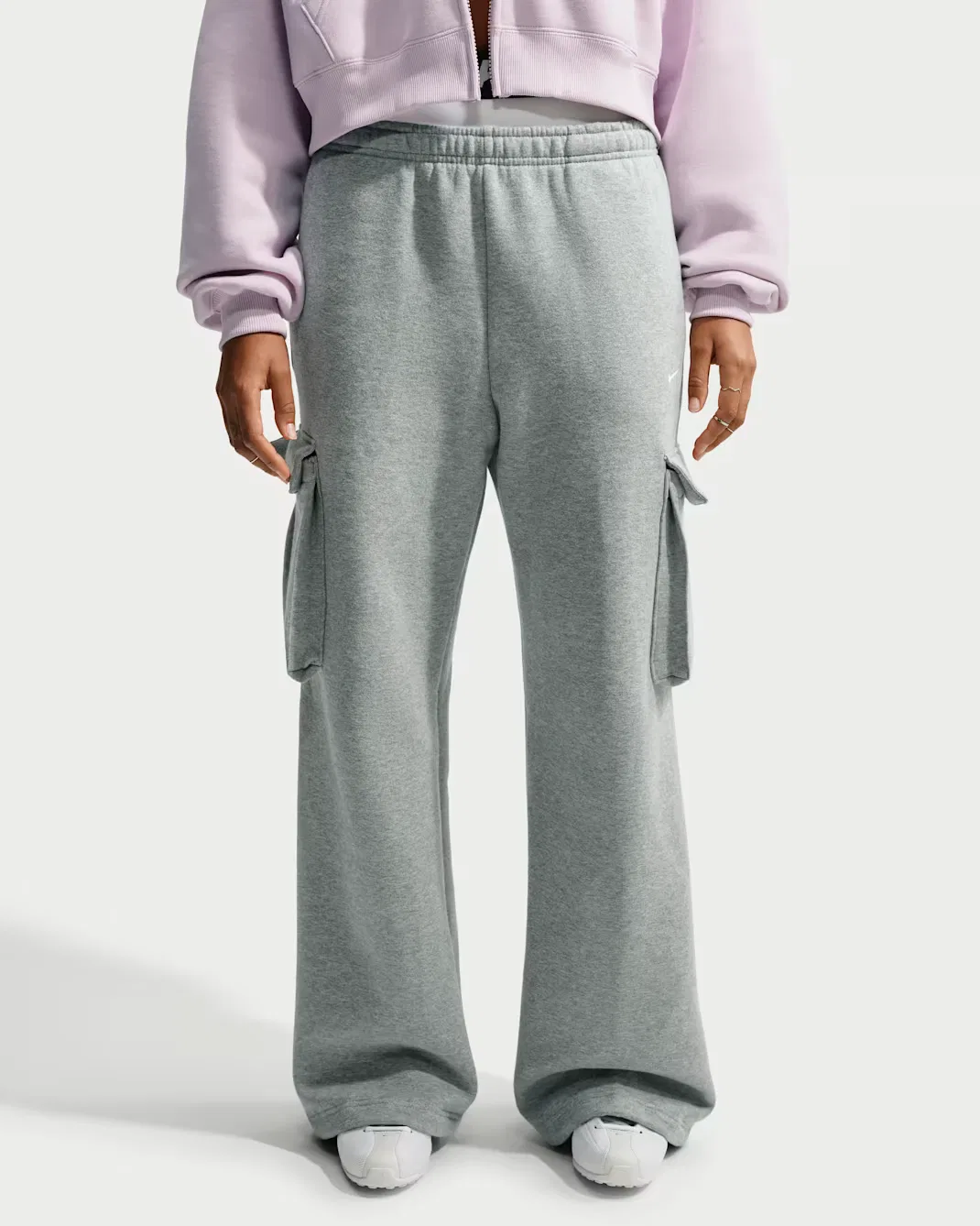 Женские брюки-карго свободного кроя с высокой посадкой Nike Studio Fleece Medium Weight, Dark Grey Heather/Sail — фото 2