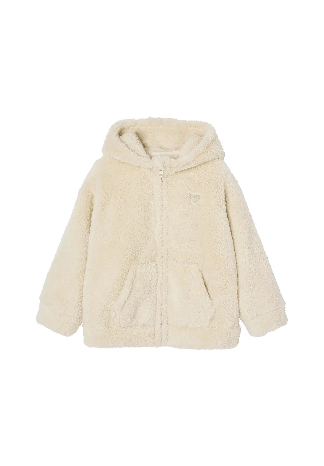 Mädchen Jacket aus Fall-imitat mit Kapuze, Herzstickerei - зимняя куртка Vertbaudet, Wollweiß