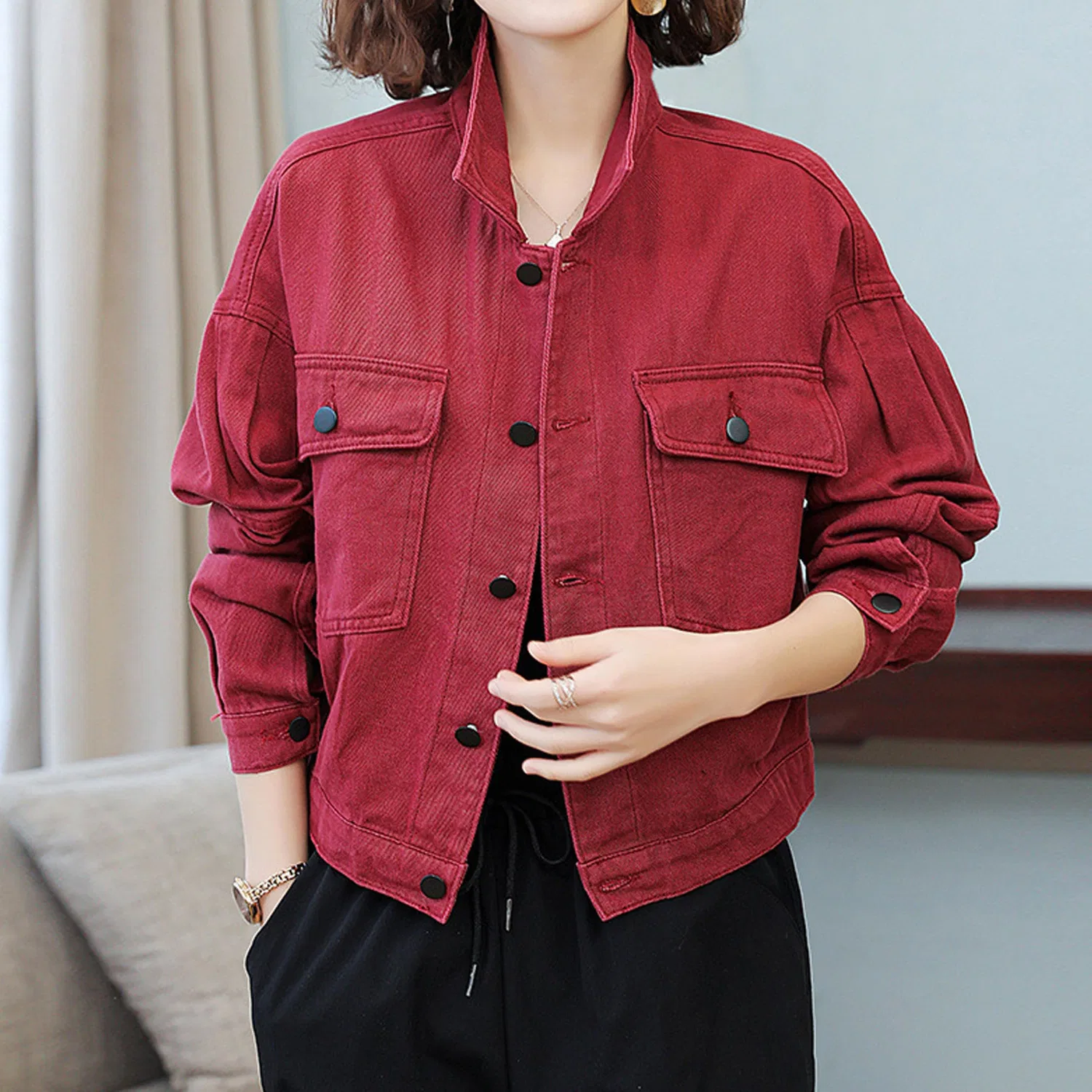 Женская джинсовая куртка oversize с длинным рукавом, Vino rosso — фото 4