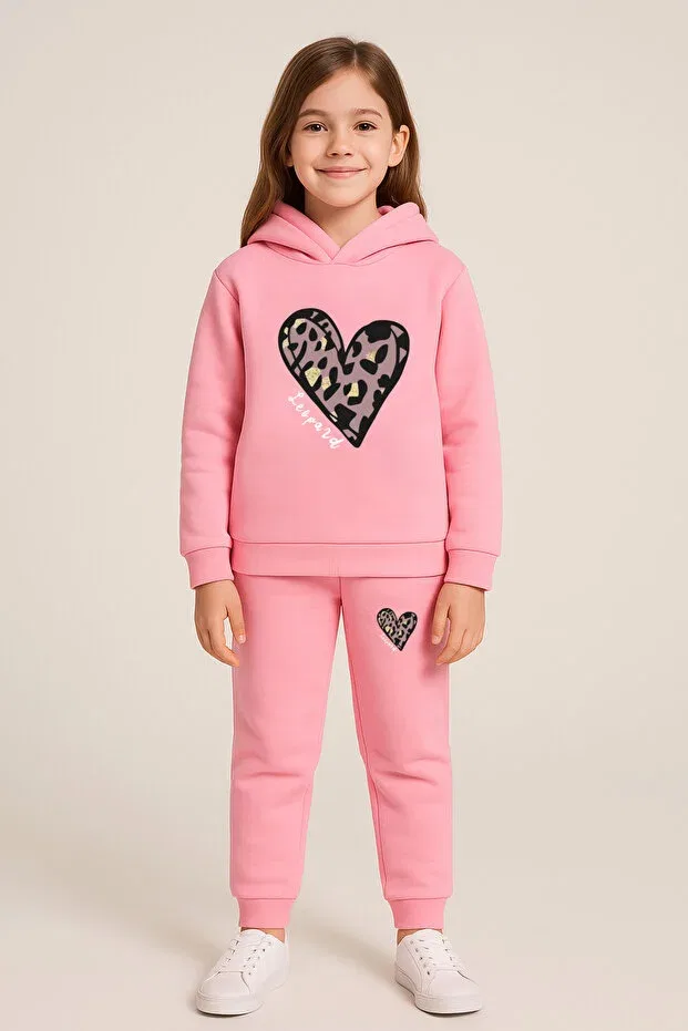 Детский комплект спортивного костюма для девочек с принтом Leopard heart printed Let'S Wear, Pink