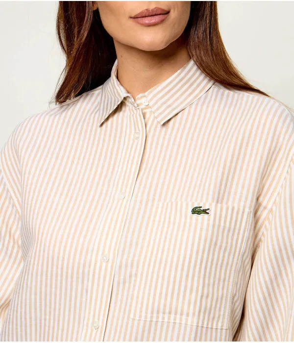 Рубашка Lacoste льняная с длинным рукавом, бежевая — фото 4