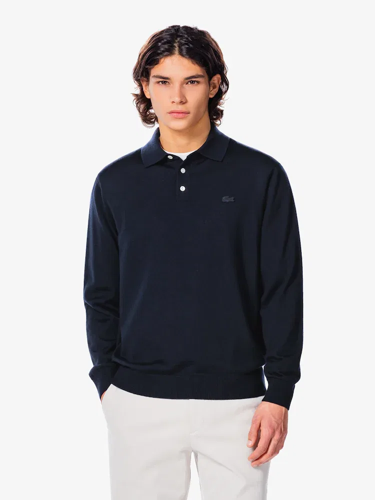 Свитер мужской поло Lacoste, 100% шерсть, темно-синий
