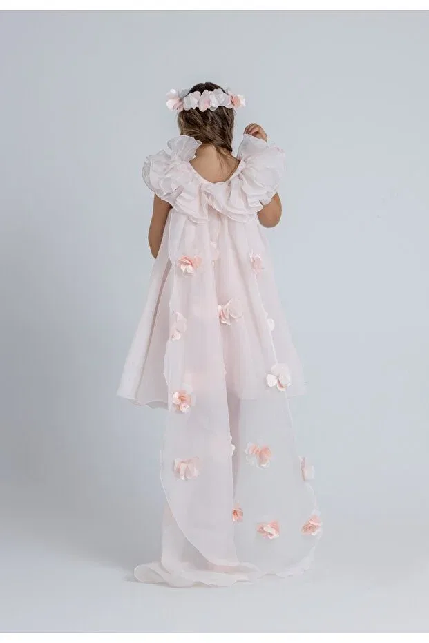 Детское вечернее платье для девочек с принтом Flower Detailed Girl's Evening Dress With Tail Monita, Somon — фото 2