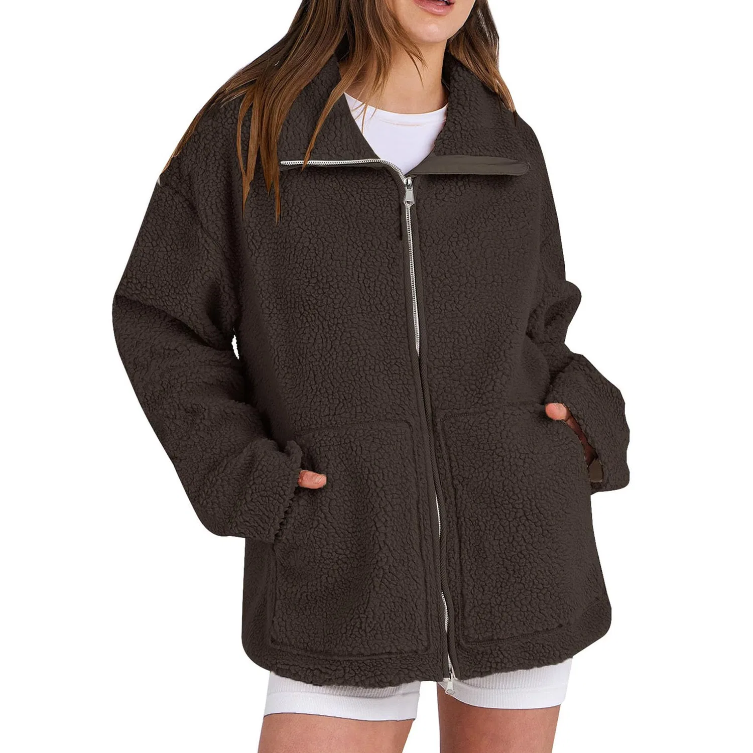 Женское пальто с длинным рукавом Oversized Fuzzy Fleece Jackets, Marrone scuro — фото 4