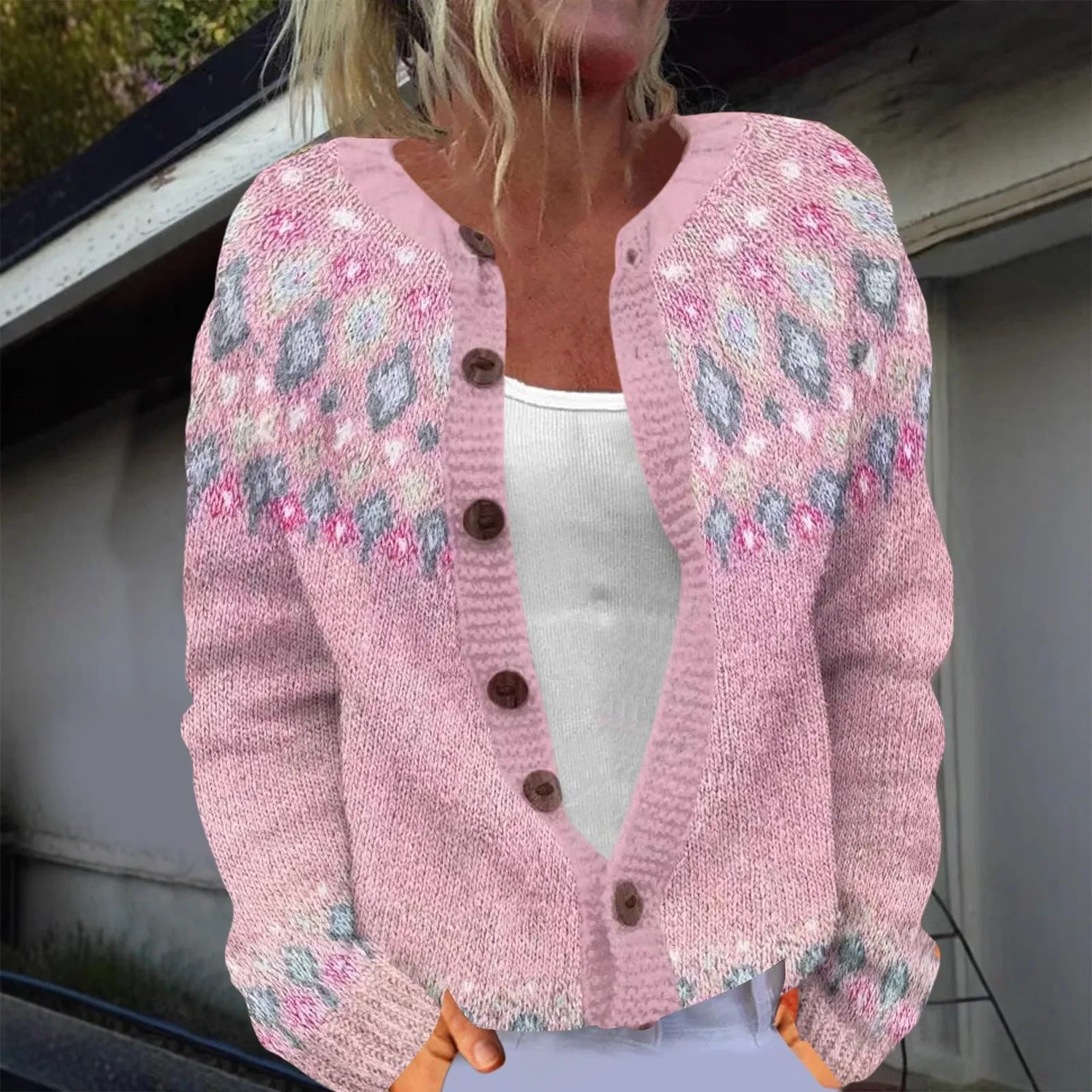 Женский кардиган с нордическим узором Fair Isle с длинным рукавом, Rosa-a — фото 2