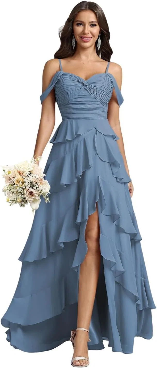 Женское вечернее платье с воланами из шифона, Off Shoulder, Steel Blue