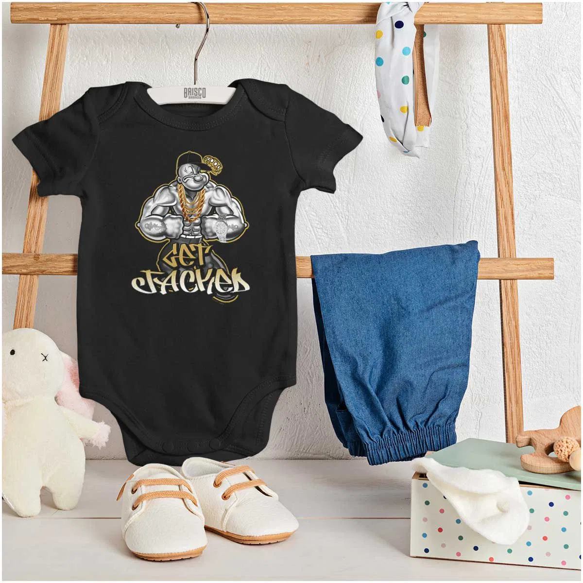 Детское боди-комбинезон с коротким рукавом Popeye Get Jacked Muscle Brisco Brands, Black — фото 3