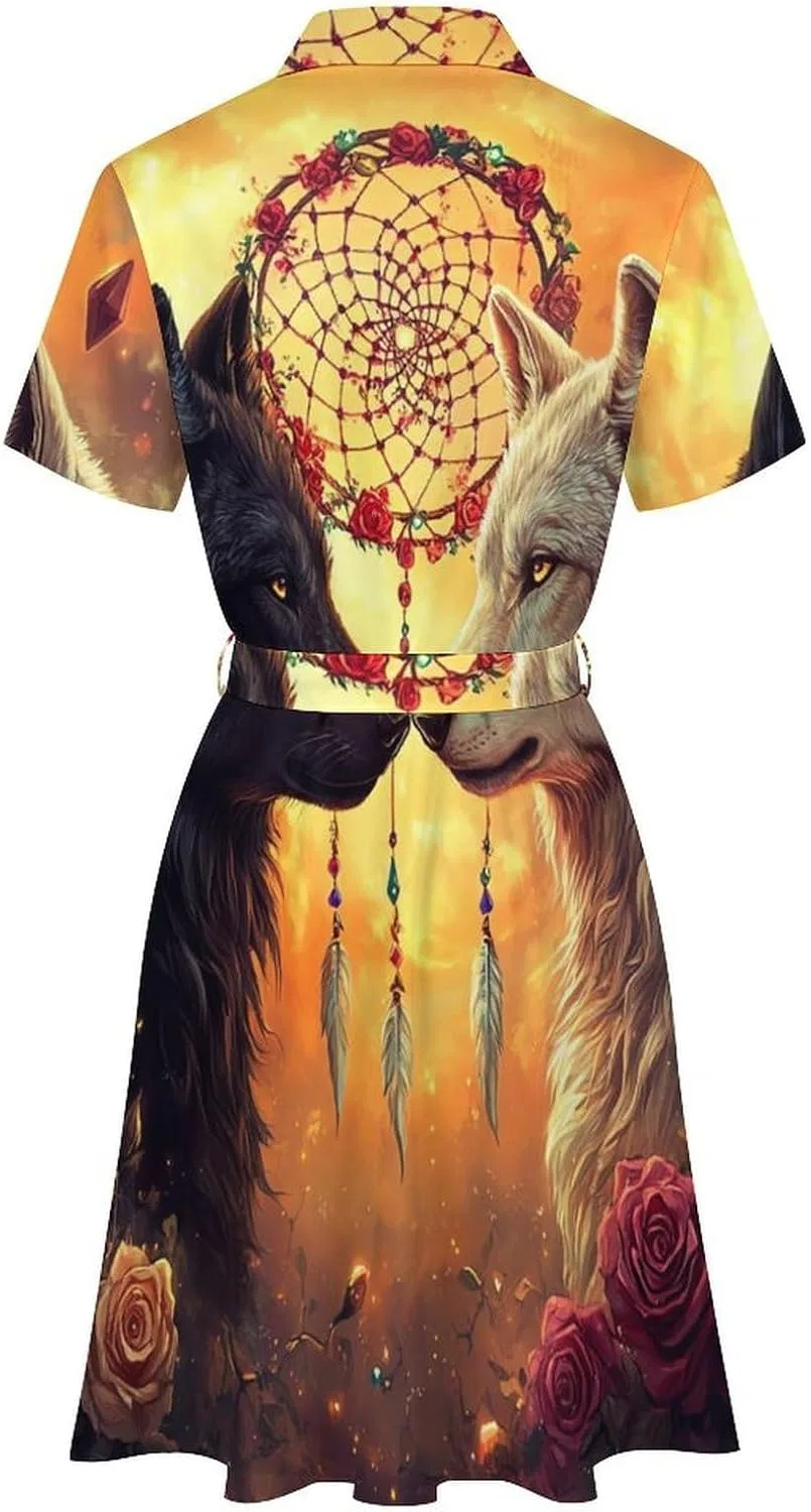 Женское платье-рубашка с принтом Black And Wolf Dream Catcher, чёрный — фото 4