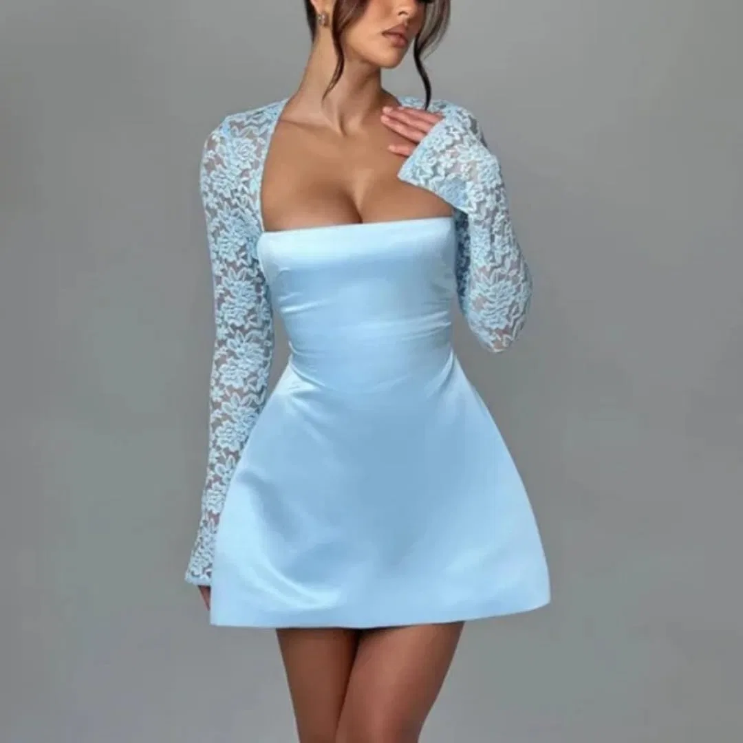 Женское вечернее платье с глубоким декольте и разрезом, Sky-blue — фото 3