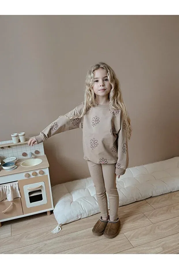 Детский комплект из футера и леггинсов для девочек Floral Carla Mara, Beige — фото 2