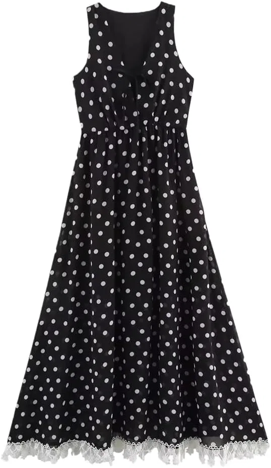 Женское платье миди с воротником V и кружевной отделкой Polka Dot, Black