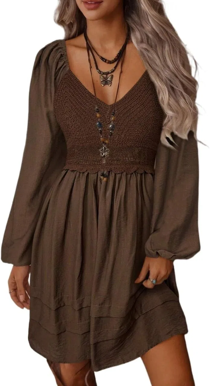 Женское A-силуэта платье с кружевными вставками Casual Bohemian, Coffee Brown