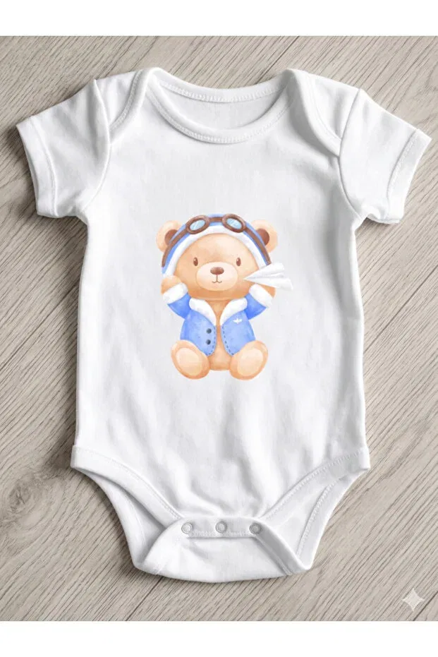 Детское боди-комплект для новорожденных с принтом Little Aviator Teddy Bear Hazden, White — фото 3