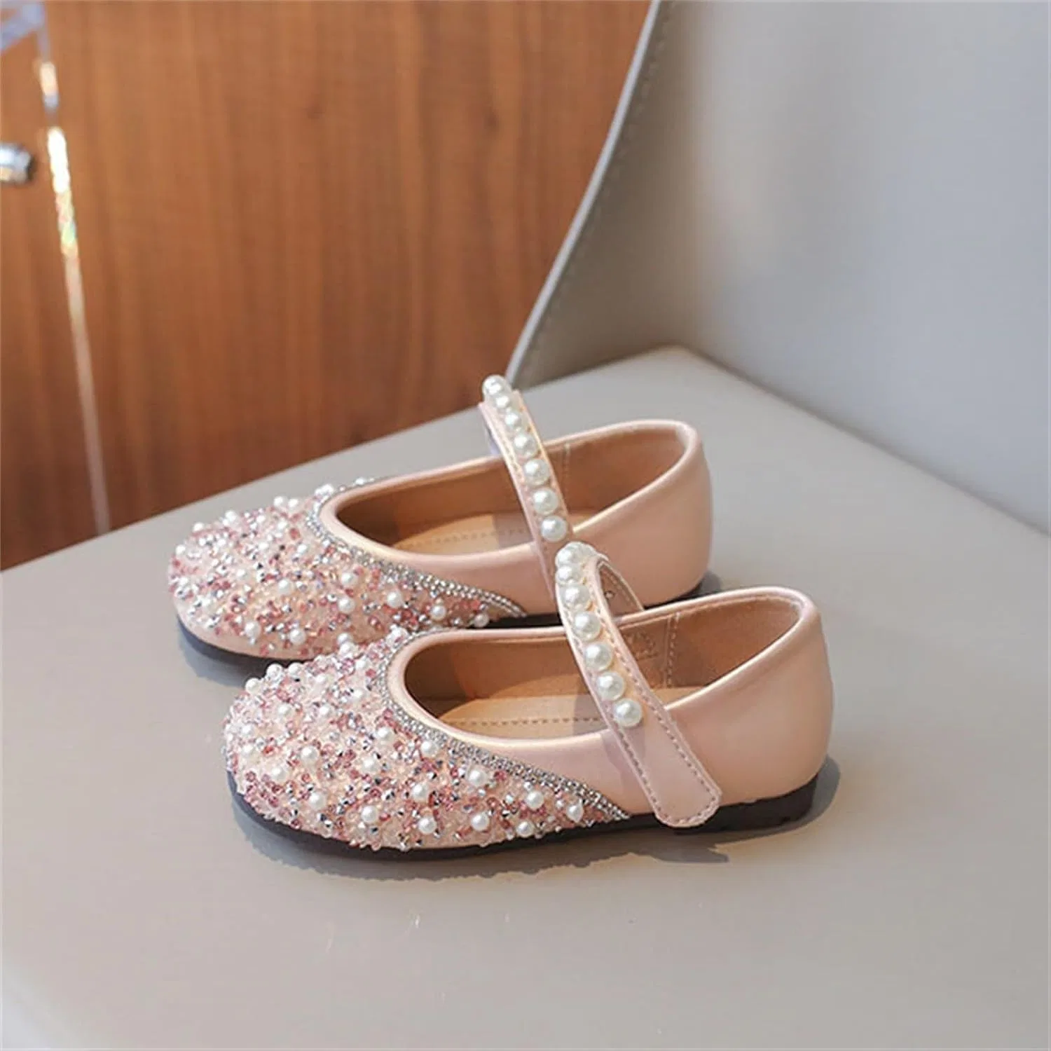 Детские туфли для девочек с бантом и жемчугом Mary Jane Princess Ballet, Red — фото 3