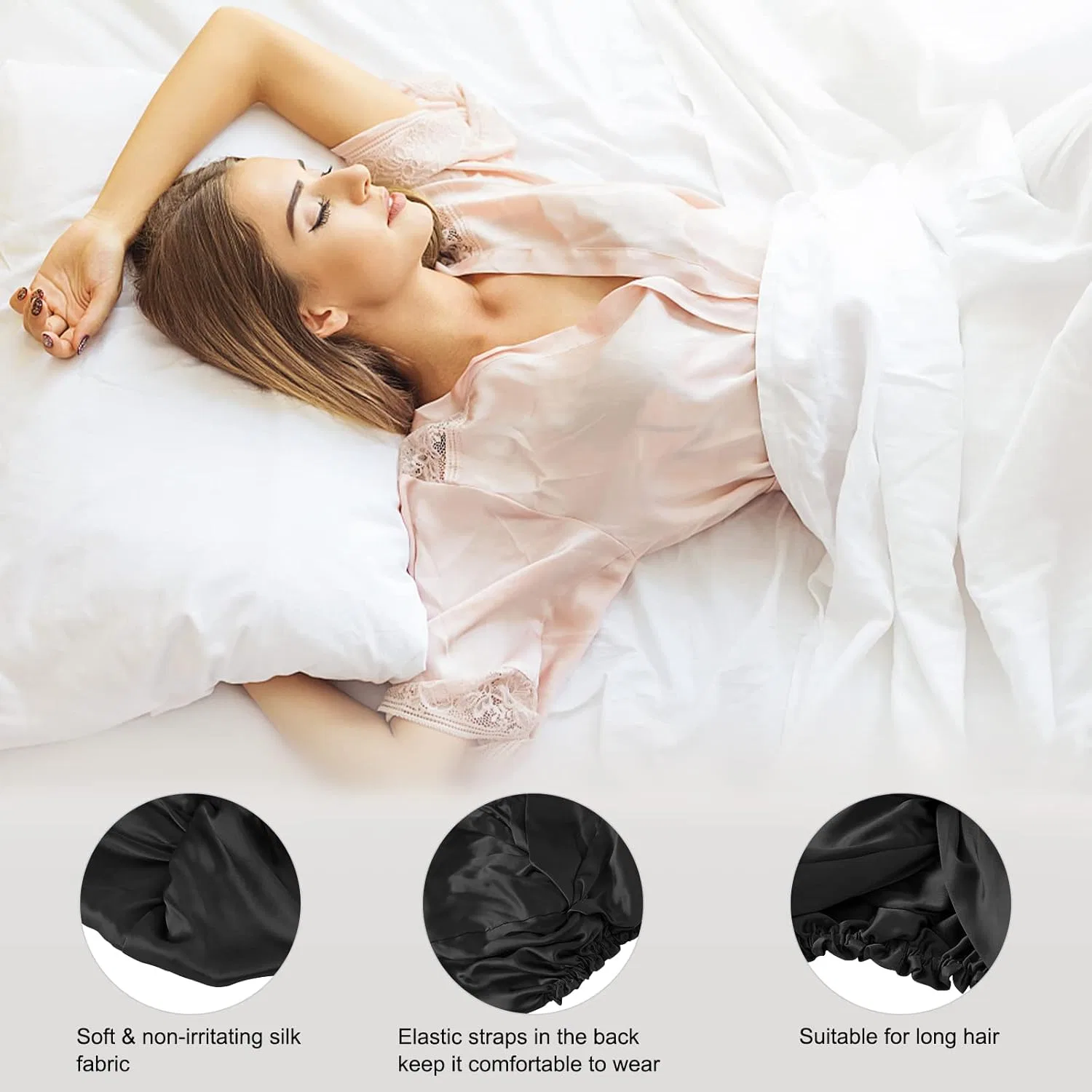 Шапочка для сна из 100% тутового шелка SOBONNY, Black — фото 3