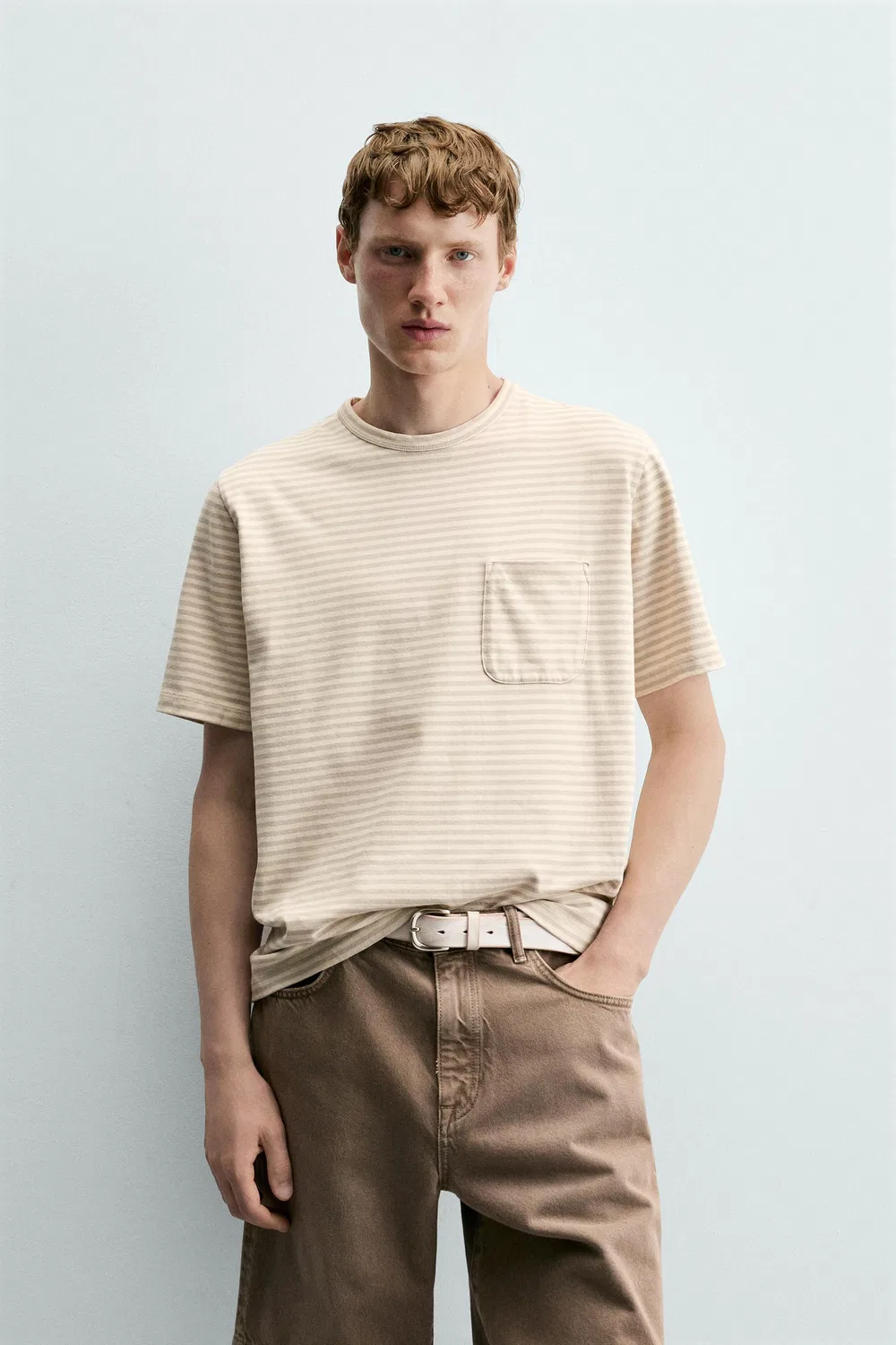 Полосатая жаккардовая футболка с карманом ZARA, Grey/Natural — фото 2