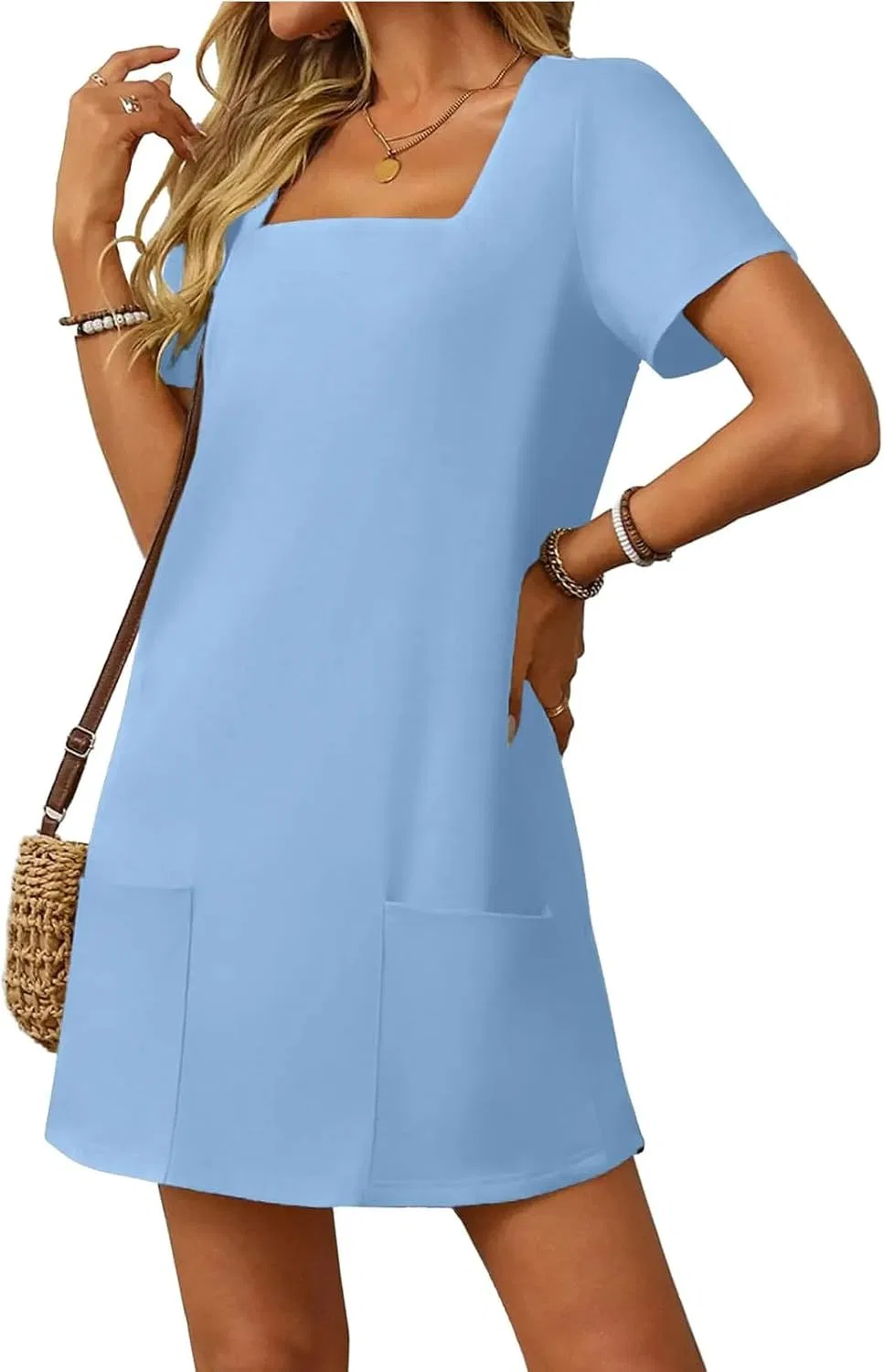 Женское короткое платье с квадратным вырезом и карманами Light Blue