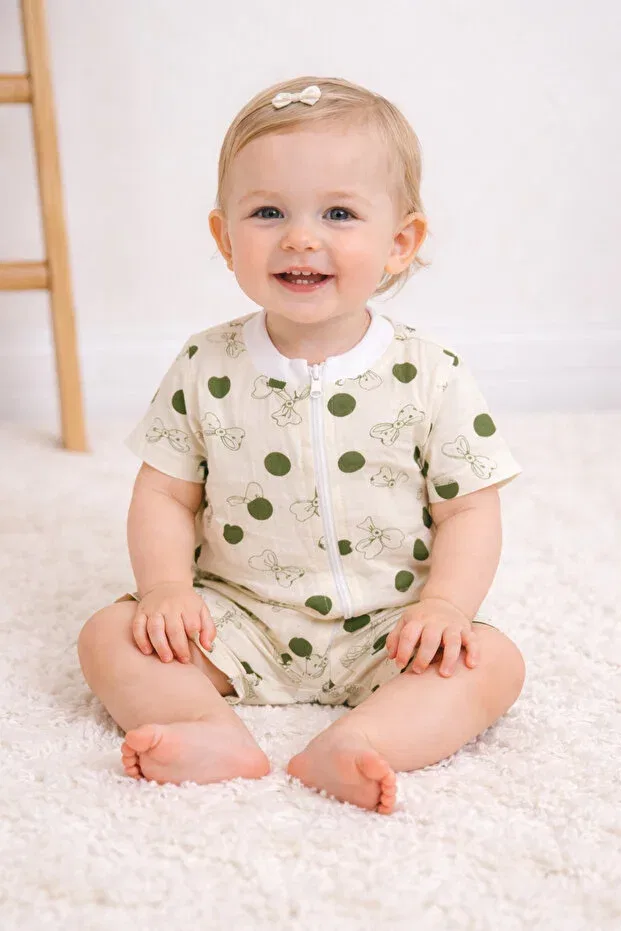 Детское боди-комбинезон с принтом Double Layer Organic Muslin Bowknot Figured Baby Romper Greenmoss, Beige