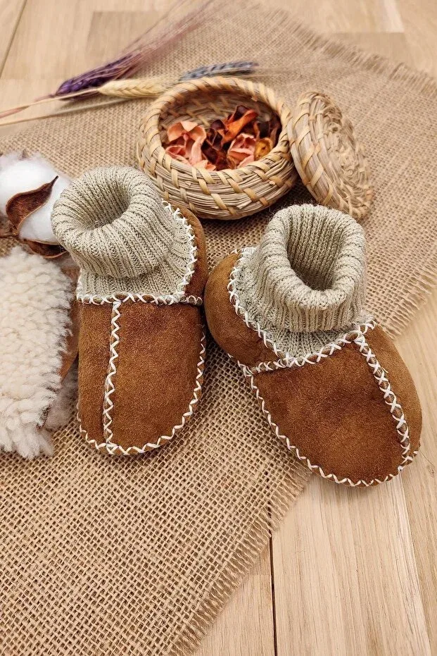 Детские пинетки из натуральной кожи с шерстью внутри Unisex Baby Booties Natural Baby Socks Sitilin, Brown