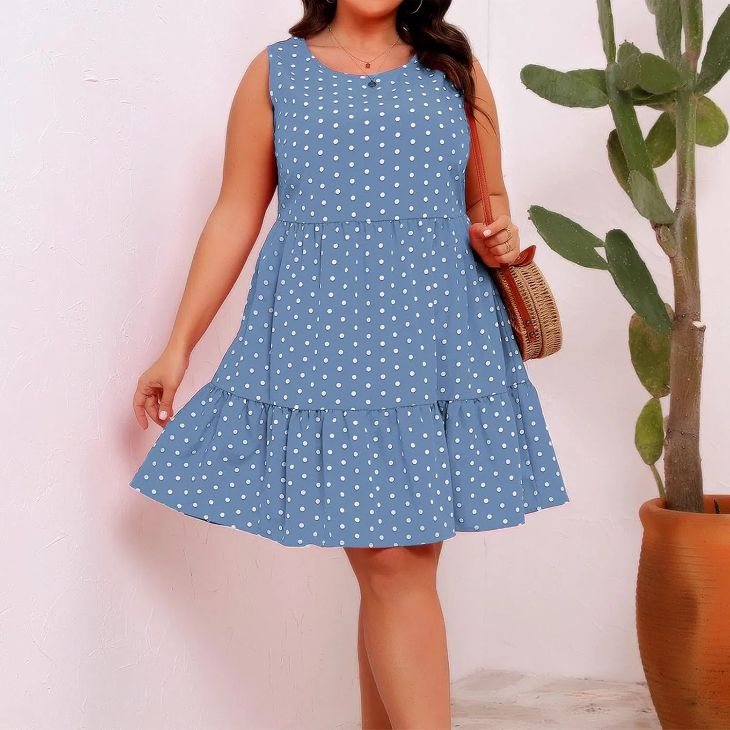 Женское летнее платье в горошек с воланами, Light Blue — фото 4