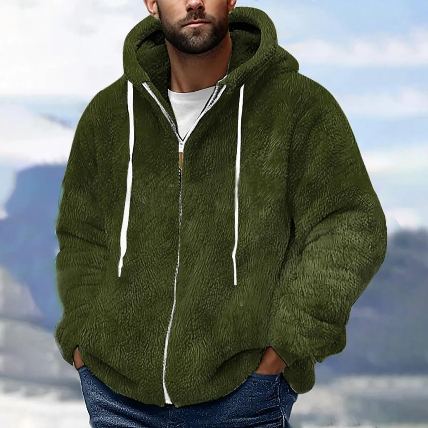 Мужское худи с флисом и капюшоном DENGJIAMY, Army Green — фото 2
