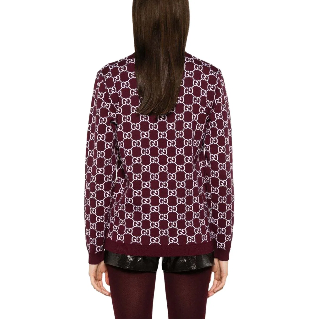 Женский жаккардовый кардиган на пуговицах Reversible Gg Jacquard GUCCI, Burgundy — фото 4