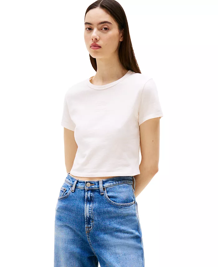 

Женская укороченная хлопковая футболка с круглым вырезом Tommy Jeans, белый
