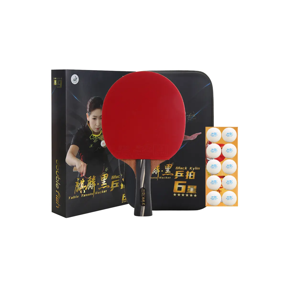 

Настольная теннисная ракетка DOUBLEFISH All Wood с двухсторонним инвертированным покрытием DOUBLE FISH, [professional six-star qilin черный box set]shakehand grip 1 pack+racket bag*1+(includes 2 training balls)