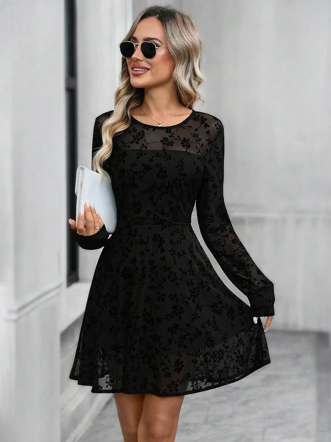Женское элегантное платье с круглым вырезом и длинным рукавом, Black — фото 4